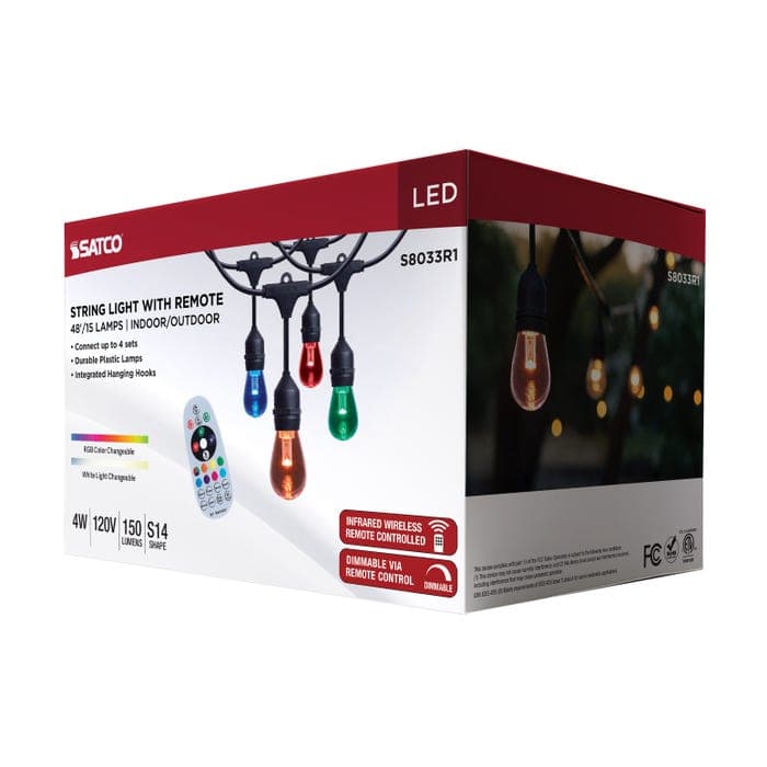 SATCO/NUVO 48 Foot LED String Light [15] S14 Lamps RGBTW 120V Dimmable Black Wire Infrared Remote (S8033R1)
