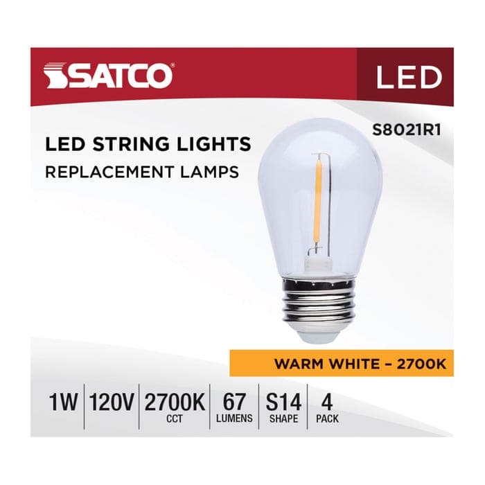 SATCO/NUVO 1W LED String Light Replacement S14 Lamp Medium E26 Base 67Lm 2700K 120V Non-Dimmable Clear 4-Pack (S8021R1)