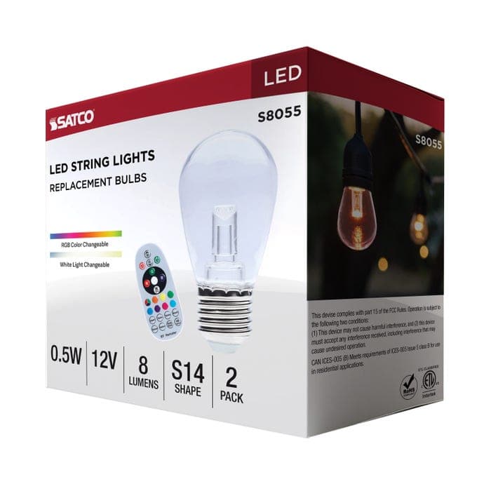 SATCO/NUVO 0.5W LED String Light Replacement S14 Lamp Medium E26 Base 8Lm RGBTW 12V Dimmable Clear 2-Pack (S8055)