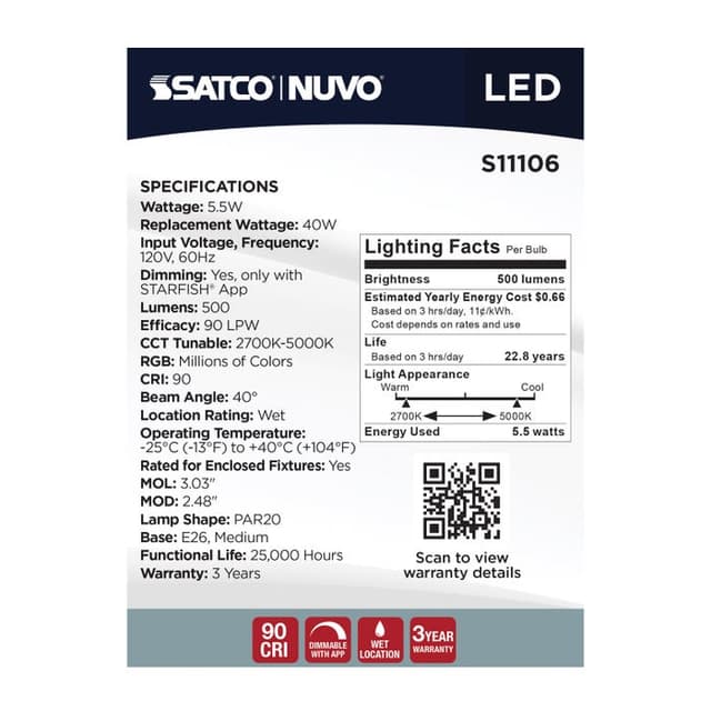 SATCO/NUVO Starfish 5.5W LED PAR20 Medium E26 Base 2700K-5000K RGBTW 120V 500Lm 90 CRI Dimmable White (S11106)