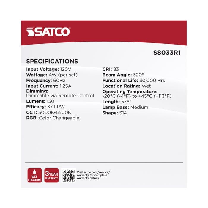 SATCO/NUVO 48 Foot LED String Light [15] S14 Lamps RGBTW 120V Dimmable Black Wire Infrared Remote (S8033R1)