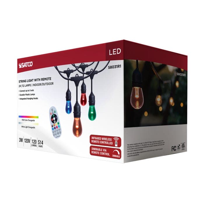SATCO/NUVO 24 Foot LED String Light [12] S14 Lamps RGBTW 120V Dimmable Black Wire Infrared Remote (S8031R1)