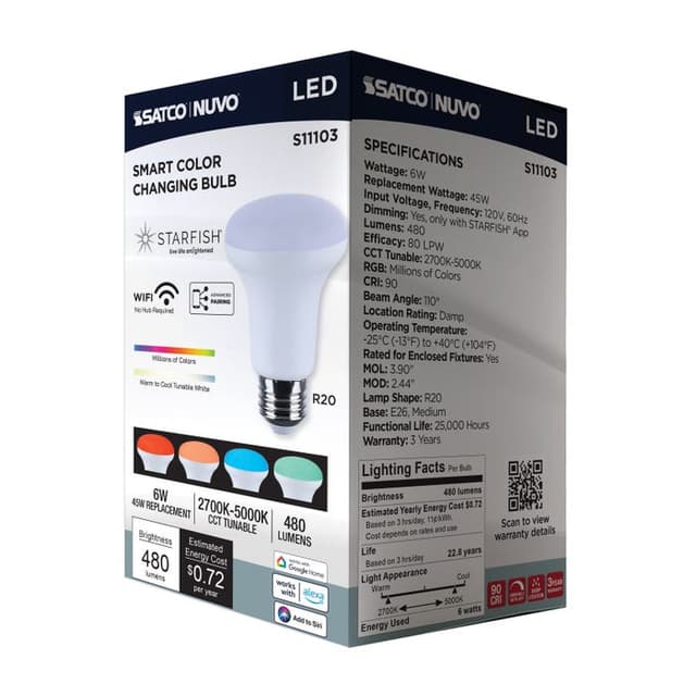 SATCO/NUVO Starfish 6W LED R20 Medium E26 Base 2700K-5000K RGBTW 120V 480Lm 90 CRI Dimmable White (S11103)