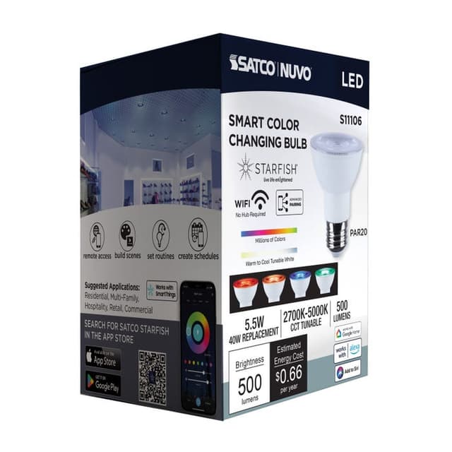 SATCO/NUVO Starfish 5.5W LED PAR20 Medium E26 Base 2700K-5000K RGBTW 120V 500Lm 90 CRI Dimmable White (S11106)