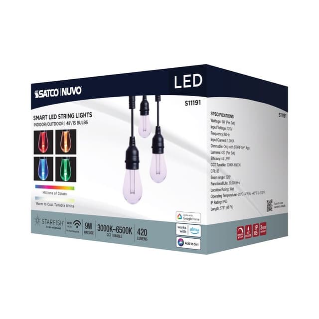 SATCO/NUVO 48 Foot Smart LED String Light With Starfish Technology [15] S14 Lamps RGBTW 120V Dimmable Black Wire (S11191)