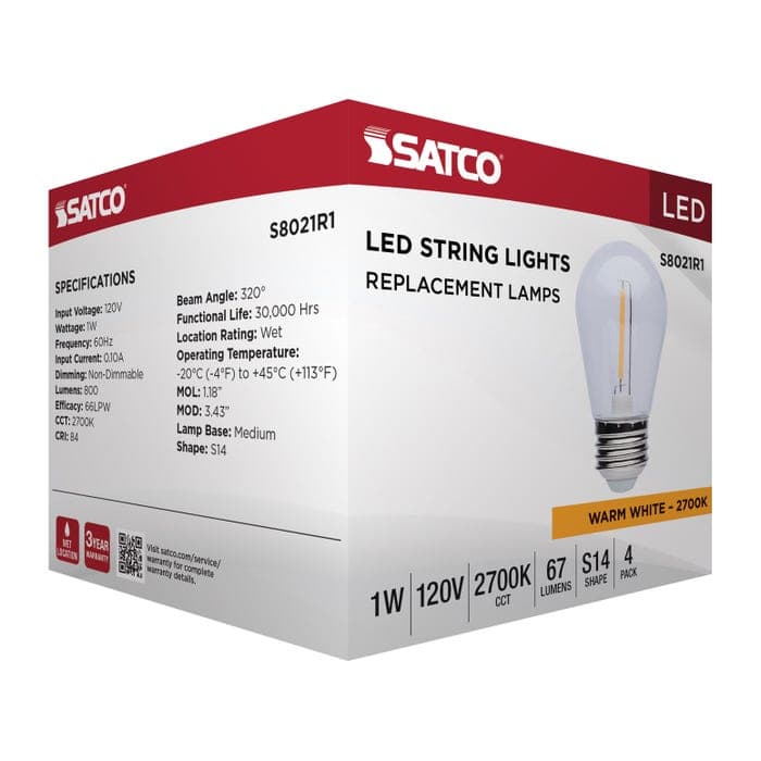 SATCO/NUVO 1W LED String Light Replacement S14 Lamp Medium E26 Base 67Lm 2700K 120V Non-Dimmable Clear 4-Pack (S8021R1)