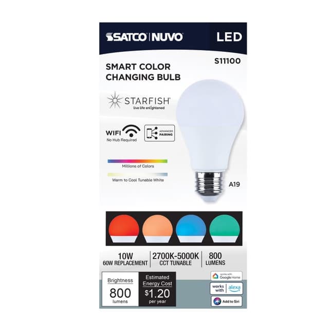 SATCO/NUVO Starfish 10W LED A19 Medium E26 Base 2700K-5000K RGBTW 120V 800Lm 90 CRI Dimmable White (S11100)