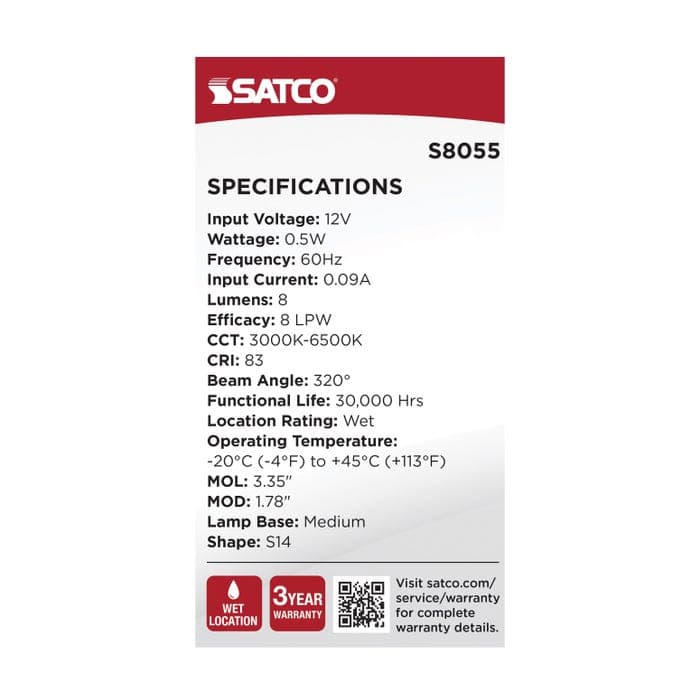 SATCO/NUVO 0.5W LED String Light Replacement S14 Lamp Medium E26 Base 8Lm RGBTW 12V Dimmable Clear 2-Pack (S8055)