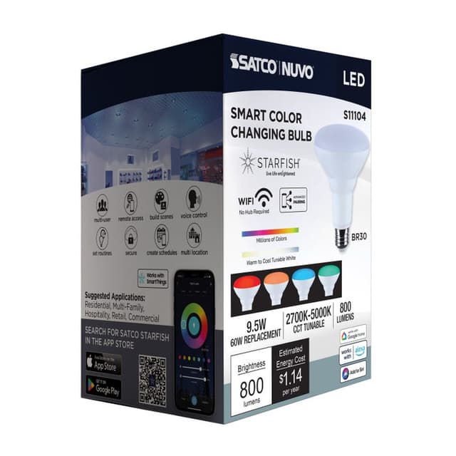 SATCO/NUVO Starfish 9.5W LED BR30 Medium E26 Base 2700K-5000K RGBTW 120V 800Lm 90 CRI Dimmable White (S11104)