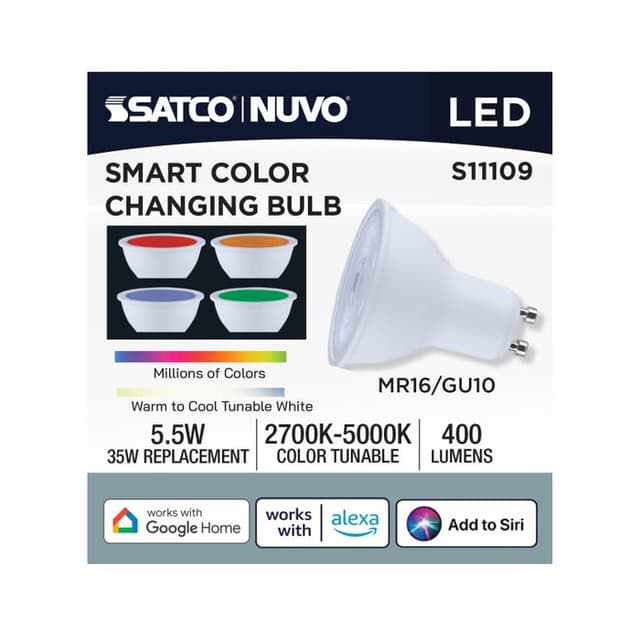 SATCO/NUVO Starfish 5.5W LED MR16 GU10 Base 2700K-5000K RGBTW 120V 400Lm 90 CRI Dimmable White (S11109)