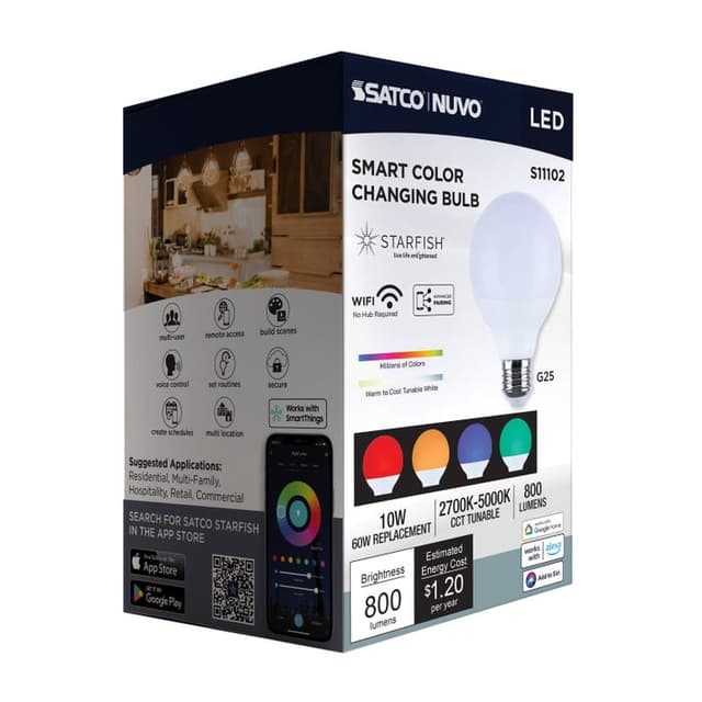 SATCO/NUVO Starfish 10W LED G25 Medium E26 Base 2700K-5000K RGBTW 120V 800Lm 90 CRI Dimmable White (S11102)