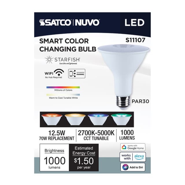 SATCO/NUVO Starfish 12.5W LED PAR30 Medium E26 Base 2700K-5000K RGBTW 120V 1000Lm 90 CRI Dimmable White (S11107)