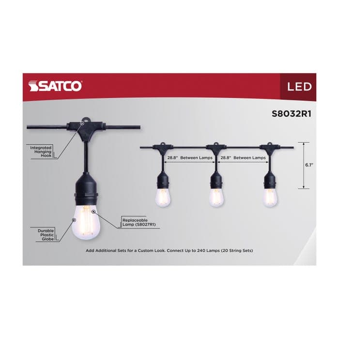 SATCO/NUVO 60 Foot LED String Light [24] S14 Lamps 2200K 120V Non-Dimmable Black Wire (S8032R1)
