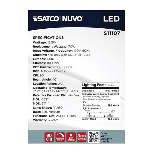 SATCO/NUVO Starfish 12.5W LED PAR30 Medium E26 Base 2700K-5000K RGBTW 120V 1000Lm 90 CRI Dimmable White (S11107)