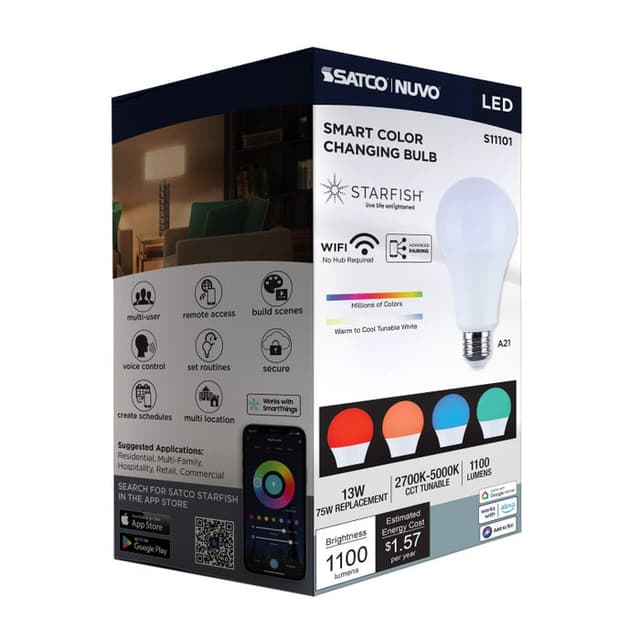 SATCO/NUVO Starfish 13W LED A21 Medium E26 Base 2700K-5000K RGBTW 120V 1100Lm 90 CRI Dimmable White (S11101)