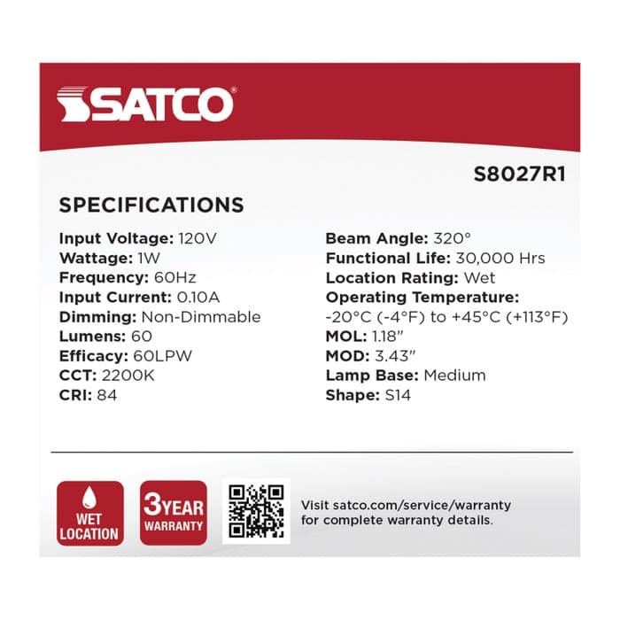 SATCO/NUVO 1W LED String Light Replacement S14 Lamp Medium E26 Base 60Lm 2200K 120V Non-Dimmable Clear 4-Pack (S8027R1)