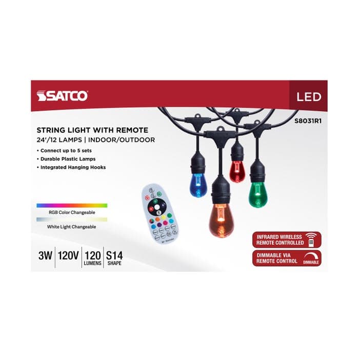 SATCO/NUVO 24 Foot LED String Light [12] S14 Lamps RGBTW 120V Dimmable Black Wire Infrared Remote (S8031R1)