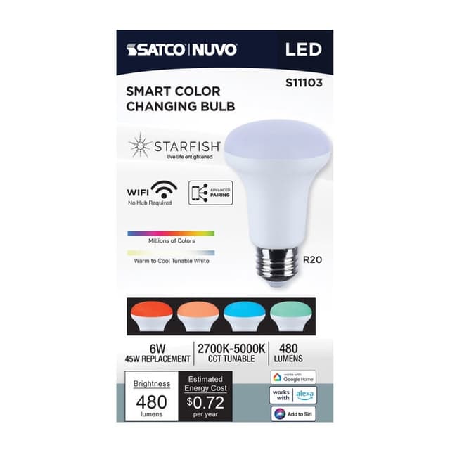 SATCO/NUVO Starfish 6W LED R20 Medium E26 Base 2700K-5000K RGBTW 120V 480Lm 90 CRI Dimmable White (S11103)