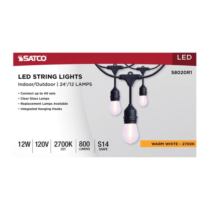 SATCO/NUVO 24 Foot LED String Light [12] S14 Lamps 2700K 120V Non-Dimmable Black Wire (S8020R1)