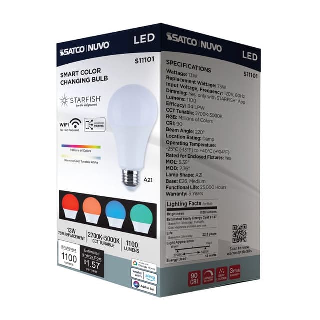 SATCO/NUVO Starfish 13W LED A21 Medium E26 Base 2700K-5000K RGBTW 120V 1100Lm 90 CRI Dimmable White (S11101)