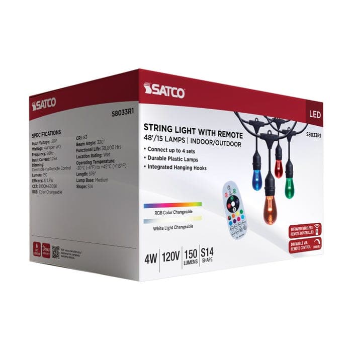 SATCO/NUVO 48 Foot LED String Light [15] S14 Lamps RGBTW 120V Dimmable Black Wire Infrared Remote (S8033R1)