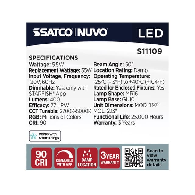 SATCO/NUVO Starfish 5.5W LED MR16 GU10 Base 2700K-5000K RGBTW 120V 400Lm 90 CRI Dimmable White (S11109)