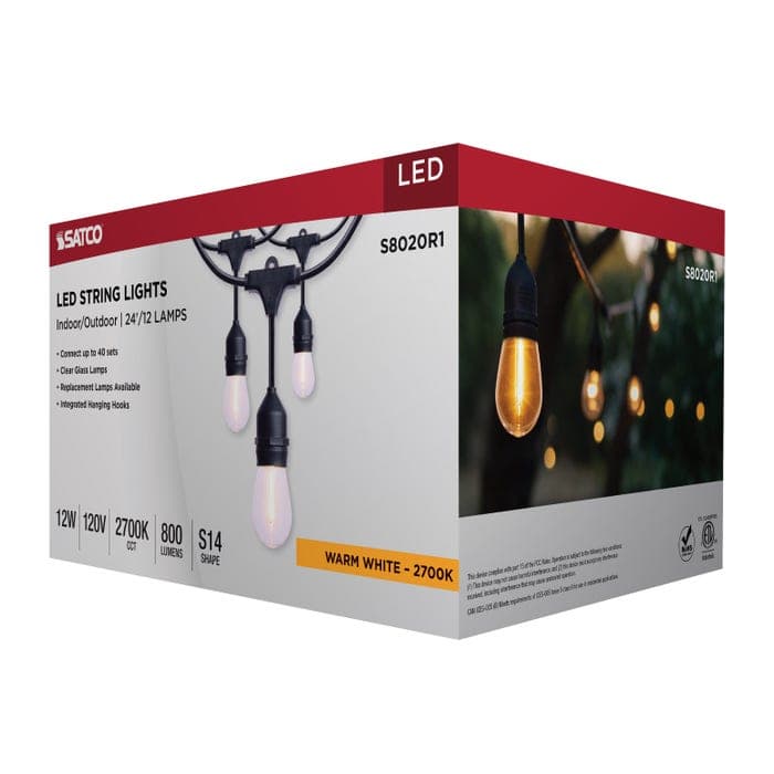SATCO/NUVO 24 Foot LED String Light [12] S14 Lamps 2700K 120V Non-Dimmable Black Wire (S8020R1)