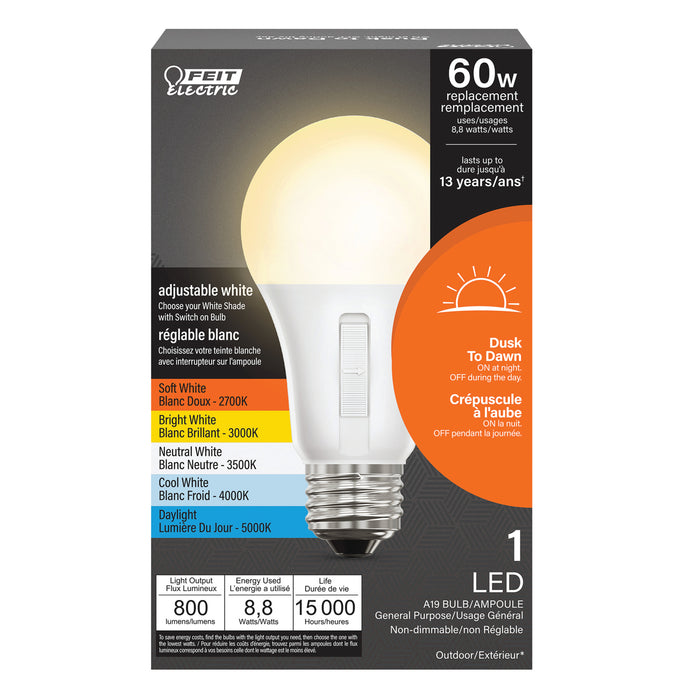 Feit Electric 8.8W [60W Equivalent] Adjustable White CCT Selectable 2700K/3000K/3500K/4000K/5000K Dusk To Dawn Outdoor LED Bulb (OM60/5CCTCA/DD/LEDI)