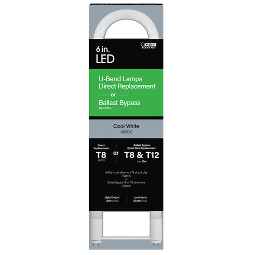 Feit Electric 6 Inch T8/T12 U-Bend 15W 4100K Plug And Play Ballast Bypass LED (T848/840/AB/U6/LED)