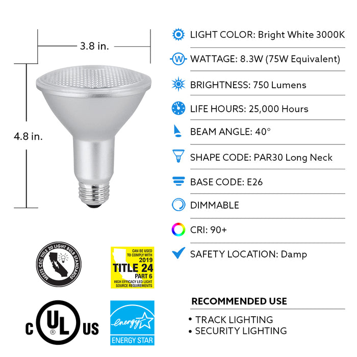 Feit Electric 8.3W [75W Equivalent] Bright White 3000K E26 Base PAR30 Dimmable Enhance Reflector LED Bulb 2-Pack (PAR30LDM/930CA/2)