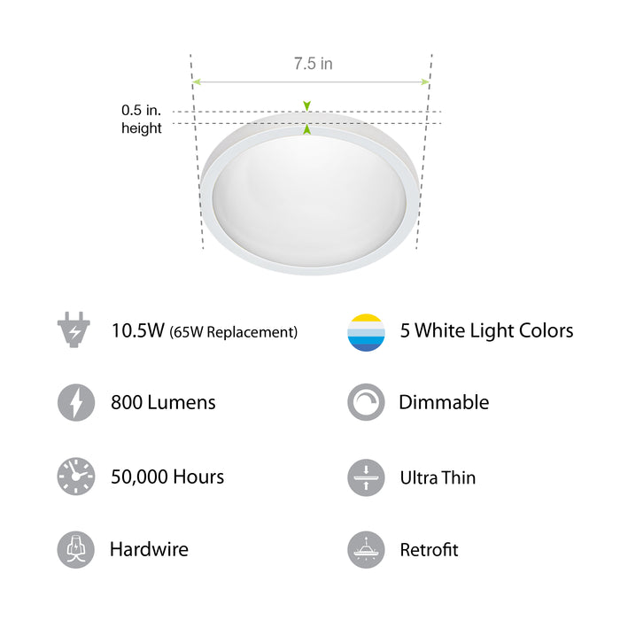 Feit Electric 7.5 Inch 10.5W [65W Equivalent] CCT Selectable 3000K/3500K/4000K/5000K/6500K White Round Flat Panel Ceiling Downlight (74206/6WYCA)