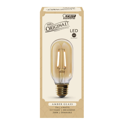 Feit Electric 4W [40W Equivalent] T14 E26 Base Dimmable Straight Filament Amber Glass Vintage Edison LED Light Bulb Soft White (T14/VG/LED)