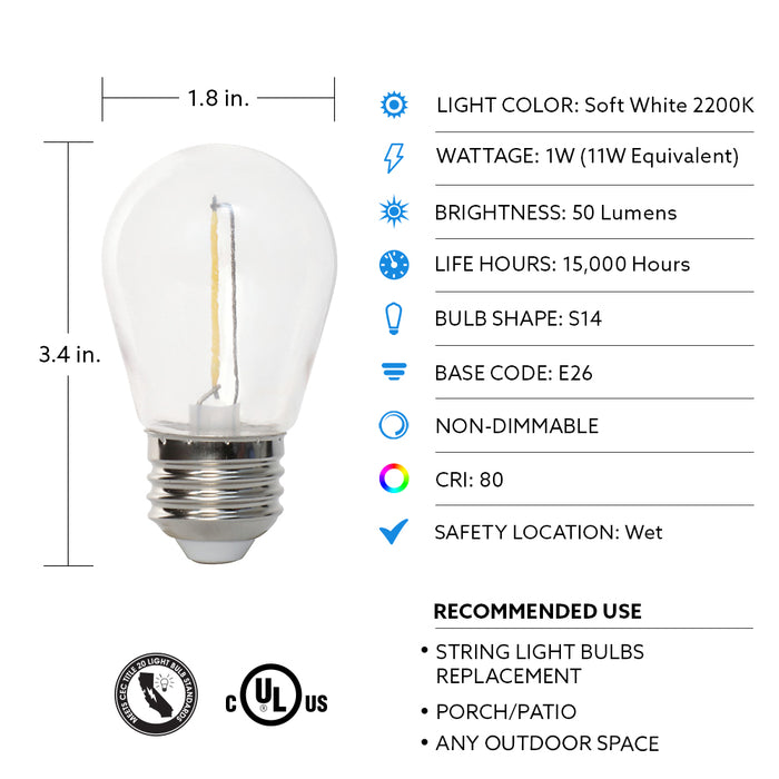 Feit Electric 1W [11W Equivalent] Warm White 2200K E26 Base S14 Filament LED String Light Bulb Replacement 4-Pack (S14/822/FILED/4)