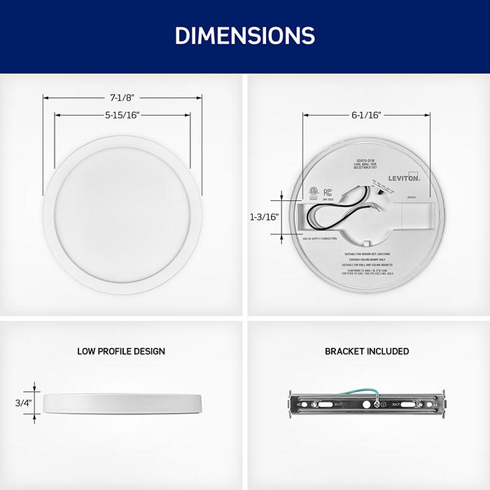 Leviton 7 Inch Round Surface Mount Downlight 15W 1100Lm CCT Selectable 2700K/3000K/3500K/4000K/5000K 90 CRI 120V White (SDR70-S1W)