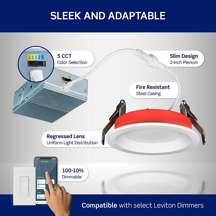 Leviton 4 Inch 2-Hour Fire-Rated Slim Downlight 12W 1000Lm 120V CCT Selectable 2700K/3000K/3500K/4000K/5000K 90 CRI (FBR40-S1W)