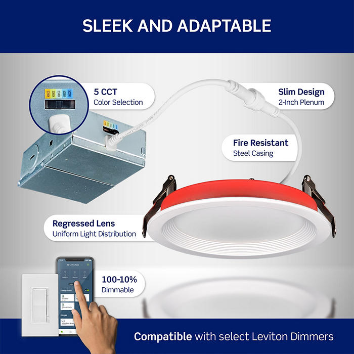 Leviton 6 Inch 2-Hour Fire-Rated Slim Downlight 15W 1350Lm 120V CCT Selectable 2700K/3000K/3500K/4000K/5000K 90 CRI (FBR60-S1W)