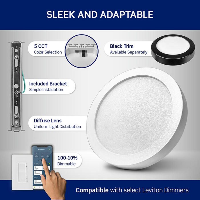 Leviton 5 Inch Round Surface Mount Downlight 12W 900Lm CCT Selectable 2700K/3000K/3500K/4000K/5000K 90 CRI 120V White (SDR50-S1W)