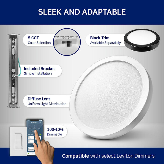 Leviton 7 Inch Round Surface Mount Downlight 15W 1100Lm CCT Selectable 2700K/3000K/3500K/4000K/5000K 90 CRI 120V White (SDR70-S1W)