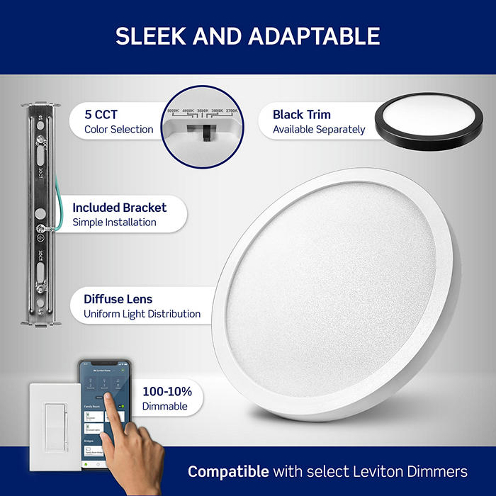 Leviton 9 Inch Round Surface Mount Downlight 18W 1500Lm CCT Selectable 2700K/3000K/3500K/4000K/5000K 90 CRI 120V White (SDR90-S1W)