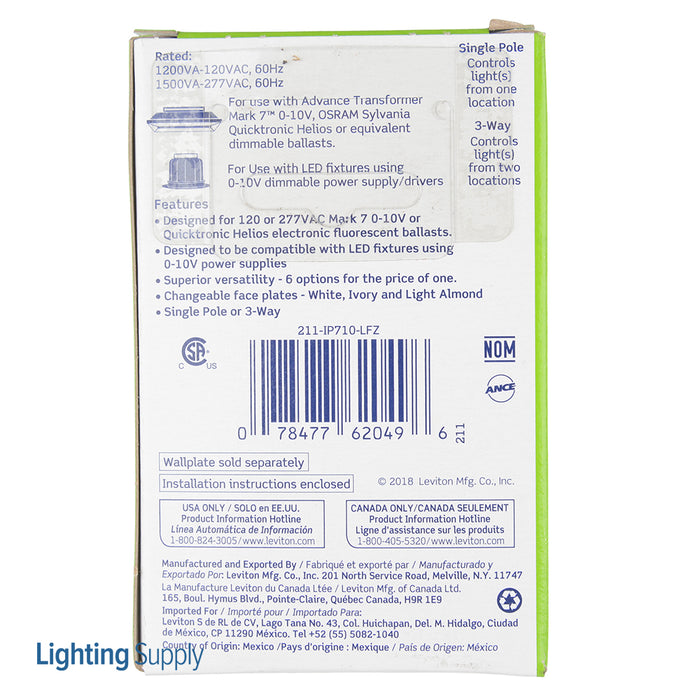 Leviton 1200VA 120/277VAC 60Hz Single-Pole And 3-Way IllumaTech Preset Electro-Mechanical Electronic 0-10VDC Fluorescent Slide Dimmer 0-10VDC LED Power Supply Dimmer White (IP710-LFZ)