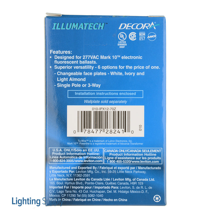 Leviton 1200VA-277VAC 60Hz Single-Pole And 3-Way IllumaTech Fluorescent Dimmer For Mark 10 Powerline Ballasts No LED Neutral Required (IPX12-70Z)