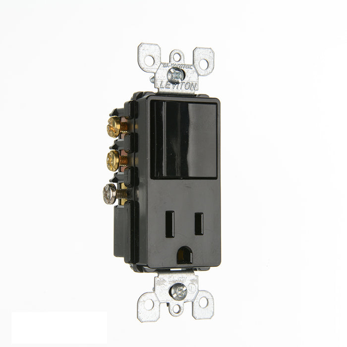 Leviton 15 Amp 120V Decora 3-Way/5-15R AC Combination Switch Commercial Grade Grounding Side Wired Black (5645-E)