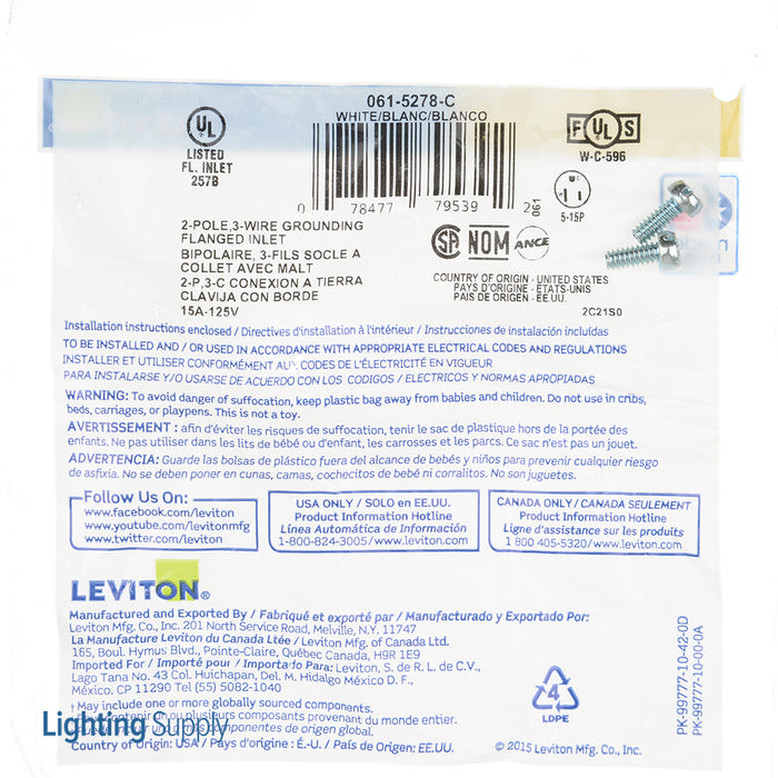 Leviton 15 Amp 125V NEMA 5-15P 2P 3W Flanged Inlet Receptacle Straight Blade Industrial Grade Grounding Back Wired Thermoplastic Nylon Strap White (5278-C)