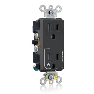 Leviton Decora Plus Duplex Receptacle Outlet Heavy-Duty Industrial Spec Grade Split-Circuit One Outlet Marked Controlled 15 Amp 125V Back Or Side Wire Black (TDR15-S1E)