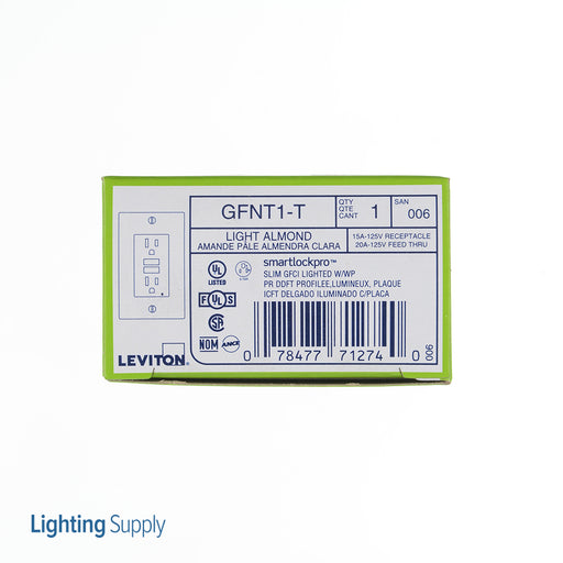 Leviton 15 Amp 125V Receptacle/Outlet 20 Amp Feed-Through Self-Test SmartlockPro Slim GFCI Monochromatic Back And Side Wired Light Almond (GFNT1-T)