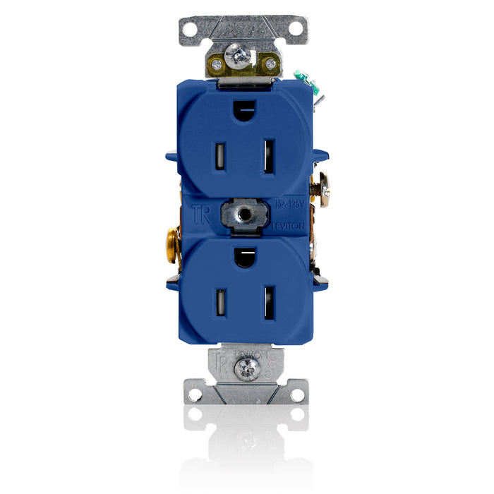 Leviton Duplex Receptacle Outlet Heavy-Duty Industrial Spec Grade Tamper-Resistant Smooth Face 15 Amp 125V Back Or Side Wire Blue (T5262-BU)
