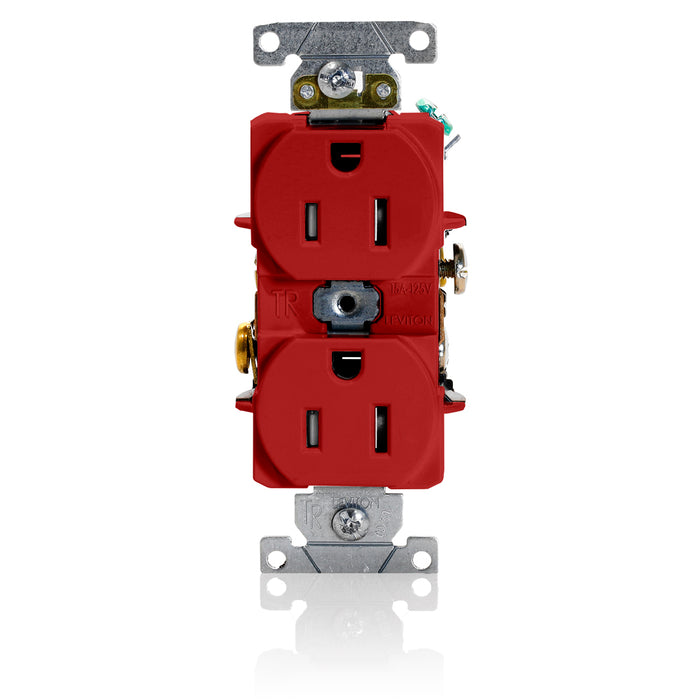 Leviton Duplex Receptacle Outlet Heavy-Duty Industrial Spec Grade Tamper-Resistant Smooth Face 15 Amp 125V Back Or Side Wire Red (T5262-R)