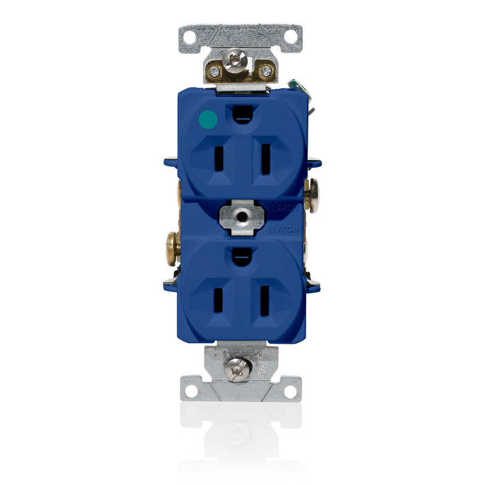 Leviton Duplex Receptacle Outlet Heavy-Duty Hospital Grade Indented Face 15 Amp 125V Back Or Side Wire NEMA 5-15R 2-Pole 3-Wire Blue (C8200-BU)