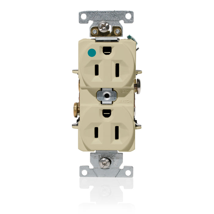 Leviton Duplex Receptacle Outlet Heavy-Duty Hospital Grade Indented Face 15 Amp 125V Back Or Side Wire NEMA 5-15R 2-Pole 3-Wire Ivory (C8200-I)