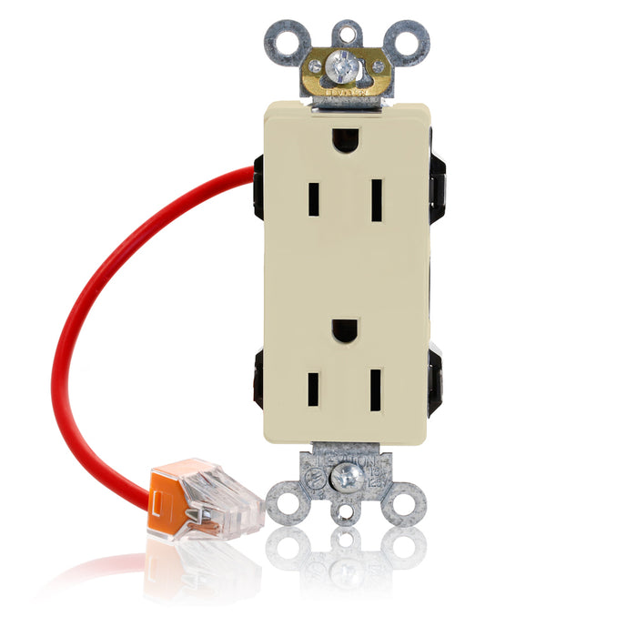 Leviton Lev-Lok Decora Plus Duplex Receptacle Outlet Heavy-Duty Industrial Spec Grade Split-Circuit Smooth Face 15 Amp (M1626-SCI)